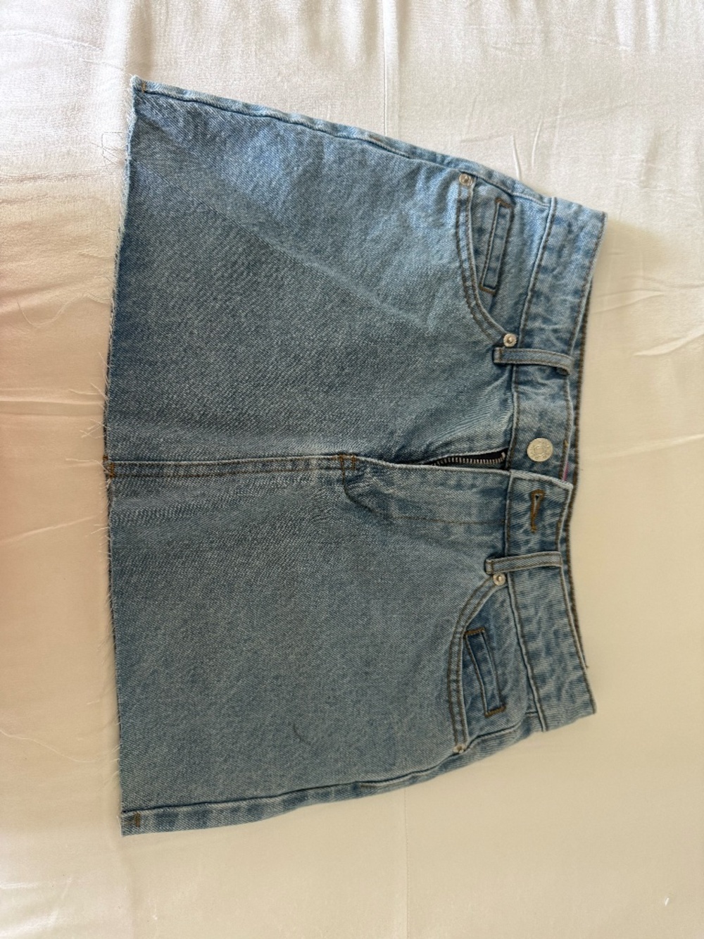 Edikted Light Wash Raw Hem Denim Mini Skirt XS